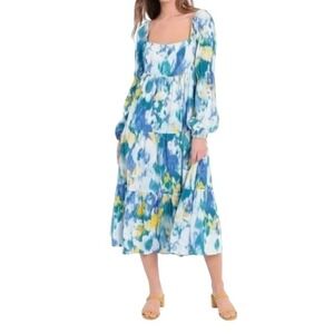 Donna Morgan Tiered Midi Linen Dress Abstract Floral Print Boho Resort Vacation